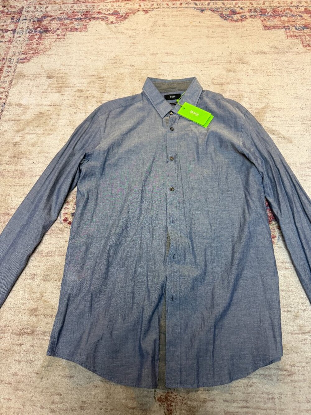 Hugo Boss Men's Chambray Blue Long Sleeve Shirt-Size Large-NEW